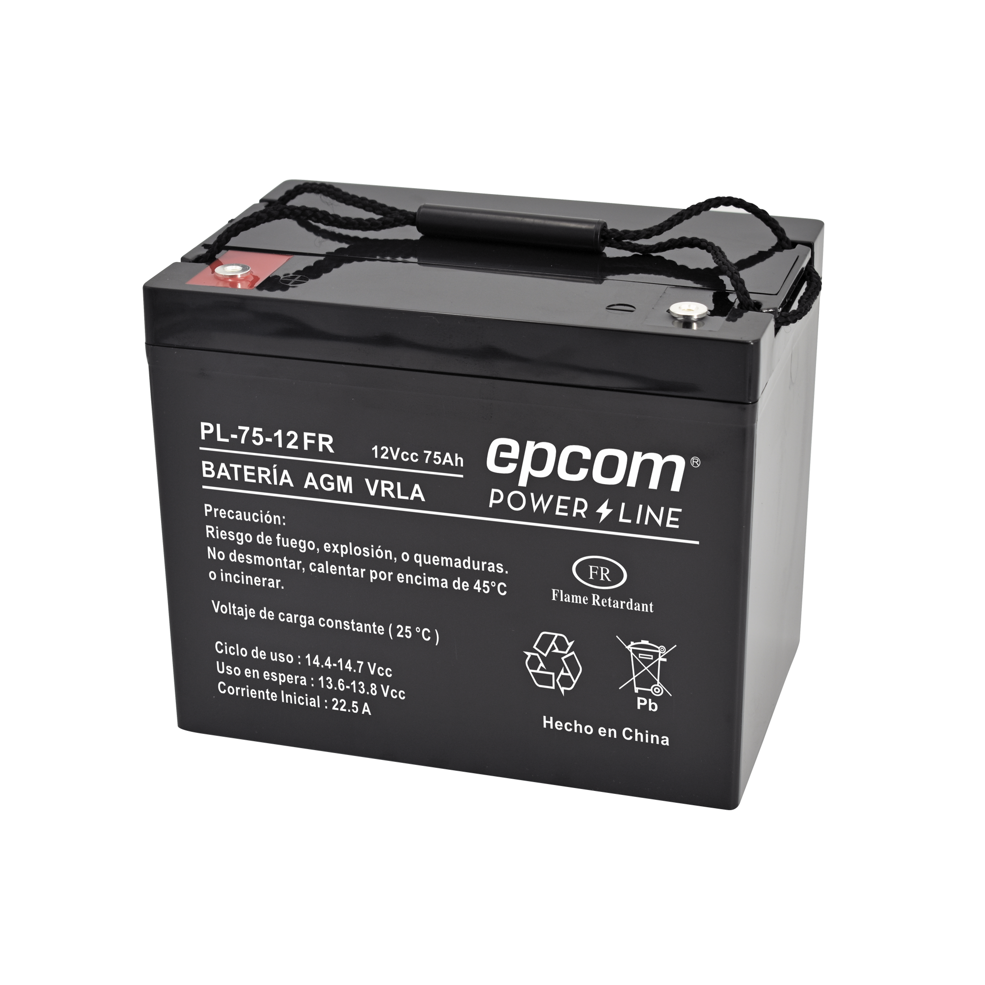 Batería 12 Vcc / 75 Ah / UL / Tecnología AGM-VRLA / Retardante a la flama/ Uso en: Aplicaciones fotovoltaicas / Terminales tipo M6 / Cargador recomendado CHR-250. Batería 12 Vcc / 75 Ah / UL / Tecnología AGM-VRLA / Retardante a la flama/ Uso en: Aplicaciones fotovoltaicas / Terminales tipo M6 / Cargador recomendado CHR-250.